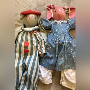 Set of Two vintage  Bunny Cloth Rabbits - Blue, Green, Pink
